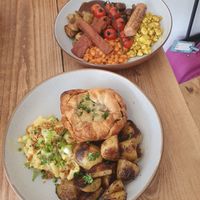 Pie with mac and cheese and potatoes, and brunch plate at The Pie Box Cafe in Cardiff