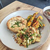 Chicken and leek pie, Mac and cheese and corn ribs at The Pie Box Cafe in Cardiff