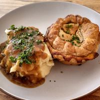 Cheezy veggie pie with creamy mash and the best gravy at The Pie Box Cafe in Cardiff