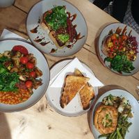 Avo Toast, sauerkraut toast, Vegan fry up and chicken &leak pie with lemons potatoes and garlic green beans. at The Pie Box Cafe in Cardiff