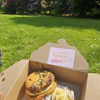 Pistachio sandwich cookie & coconut/raspberry/pistachio pastry at The Pie Box Cafe in Cardiff