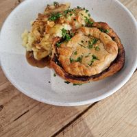 Mushroom and leek pie with garlic mash at The Pie Box Cafe in Cardiff