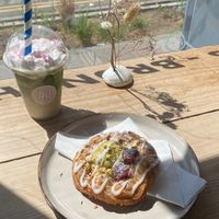 Had to go back for a pastry and their iced bluberry muffin matcha!!!🍵  at The Pie Box Cafe in Cardiff