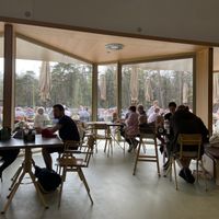 Inside: huge restaurant and terrace  at Parkrestaurant De Hoge Veluwe in Otterlo