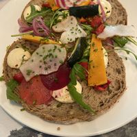 Sandwich with hummus and veggies from their own garden: tasty, bur small portion  at Parkrestaurant De Hoge Veluwe in Otterlo