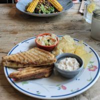 Vooraan ligt de tosti pikant (met vlees), maar achteraan de heerlijke chimichurri salade. at De Carolinahoeve in De Steeg