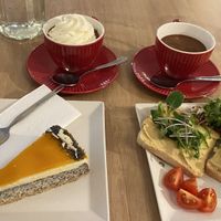 Hot chocolate, mango lemon seed cheesecake, hummus toast with vegetables  at VegaNana in Bratislava