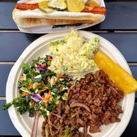 BBQ smoked seitan, smoked pepper garlic soy curls, potato salad, kale salad + smoke marinated carrot dog.✨delicious! #Veganuary at Leaf Over Beef in Los Angeles