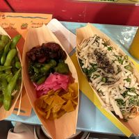 Edamame, Pickles and Takoyaki with onions and vegan cheese. All vegan    at OKO Takoyaki in Osaka