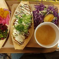 salty sesame takoyaki, pickles, miso soup, cabbage at OKO Takoyaki in Osaka