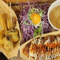 Tempura, spicy sauce takoyaki (slaw and miso soup complimentary!) at OKO Takoyaki in Osaka