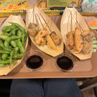 Edamame and 2 Kushikatsu at OKO Takoyaki in Osaka