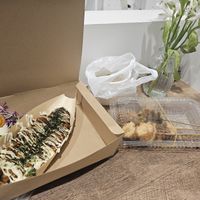 Kushikatsu and takoyaki (restaurant not Oko takoyaki, took food to go.) at OKO Takoyaki in Osaka