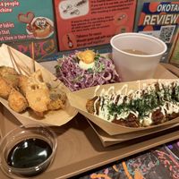 Originak takoyaki, miso soup and kushikatsu  at OKO Takoyaki in Osaka