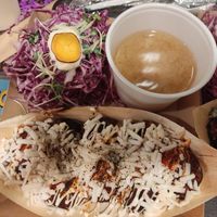 Takoyaki with spicy sauce and cheese (miso soup and salad on the side) at OKO Takoyaki in Osaka