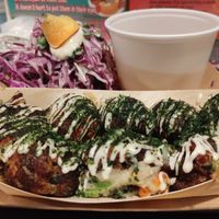 Takoyaki with standard sauce (miso soup and salad on the side) at OKO Takoyaki in Osaka