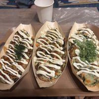 Three different versions of vegan takoyaki. My favorite were seasoned with sesame oil (on the left).   at OKO Takoyaki in Osaka