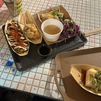 kushikatsu and spicy sauce takoyaki meal set, and a side of cold tofu  at OKO Takoyaki in Osaka