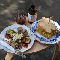 French toast, iced coffee, kombucha & no-egg sandwich at Sfera in Berlin