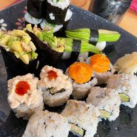Vegan sushi combo.
The second row (from left to right) was with spicy tofu paste and a sweet taste above and a sweet potato pure. Both on fruit sushi at Onegai Sushi Bar in Ericeira