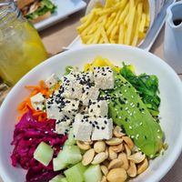 Salad bowl with quinoa and tofu. Soy and lime dressing is vegan. This was massive and SO good at Borda d'Água in Fuseta