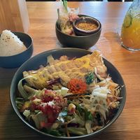 Vegan chicken with peanut sauce. Summer rolls with tofu in the background   at Project Vegan in Koblenz