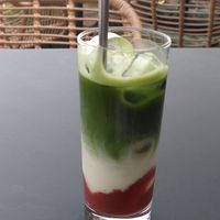 Iced Matcha mit Kokos und Erdbeerpüree at Project Vegan in Koblenz