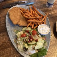 Vegan Schnitzel (you can choose your side dish, we had sweet potato fries)   at Bar Be QUBE in Lueneburg
