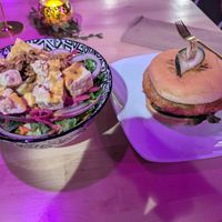Tempura Battered Ch*cken Sando with side salad at XO Bar in Portland