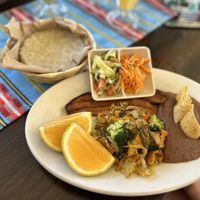 “Vegan Breakfast” with corn tortillas instead of flour tortilla. Highly recommend the corn tortillas as they are made fresh to order on the fire hearth!  at El Fogon Del Cayo in San Ignacio