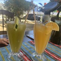 Fresh made juices, cucumber/ginger and fresh orange   at El Fogon Del Cayo in San Ignacio