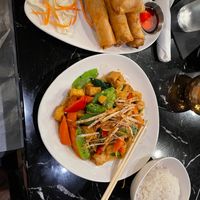 Sauteed fresh ginger with taro nest and spring rolls - Vegan at Bangkok Thai-Sushi in Duck