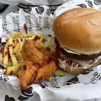 Veggie burger served with fries and onion rings  at BigBang Burger in Antalya