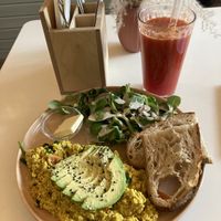 Scrambled tofu & red smoothie   at Vegan Vibes in Berlin