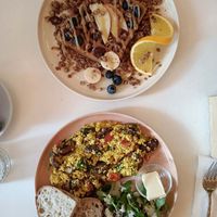Waffle with granola & fruit, tofu scramble. at Vegan Vibes in Berlin