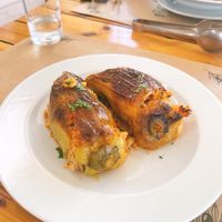 Comida trasicional albanesa. Pimientos rellenos de arroz. Vegano.   at Veranda  in Qeparo