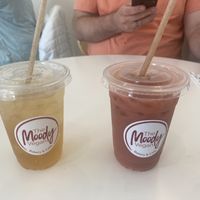 Left is Lavender Mint Iced Tea (on special) and right is the Raspberry Iced Coffee. Both 5/5!  at The Moody Vegan in Los Angeles