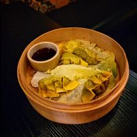 Steamed dumplings with edamame and black truffle tamari at Bodhi Kitchen in Rehoboth Beach
