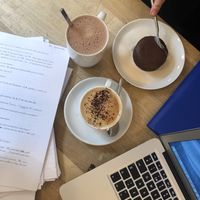 Chocolat fondant, hot chocolate and cappuccino  at Cafe Pinson - Marais in Paris