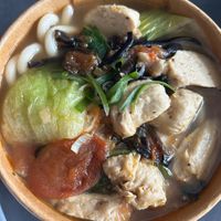 Suppe mit Udon Nudeln und veganem Hühnerfleisch-Ersatz  at Asia Sun Bistro in Rostock