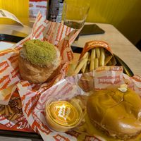 burger, fries and pistacho roll at Thunder Vegan - La Latina  in Madrid