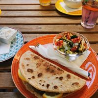 Vegan "tuna" panini with fries and salad at Vasmacska KávéZoo in Budapest
