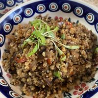Lauryn Hill Bowl (Teriyaki stir fry, sautéed oyster mushrooms, wild rice, & quinoa blend, onions, peppers, herbal spices topped with coconut aminos)
 #Veganuary at Plants & Poets Cafe in Newark