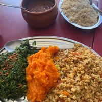 Arroz integral, feijão, couve refogada com alho frito, purê de abóbora e proteína de soja at Bar do Mineiro in Rio De Janeiro