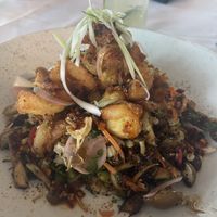 Brown rice with sautéed vegetables, fried squash with sweet Chilli sauce!  at Voyagers in Orange Beach