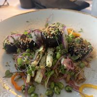 Kung Pao beet “scallops” top basmati rice  at Voyagers in Orange Beach