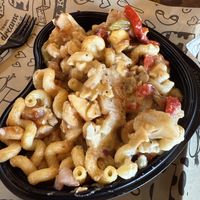 Build your own - noodles, cauliflower, vegan cheese sauce, roasted red pepper, onion, mushrooms, pickles and bbq sauce.  at I Heart Mac & Cheese in Colorado Springs
