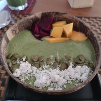 Matcha smoothie bowl at Grasshopper Cafe in Luang Prabang