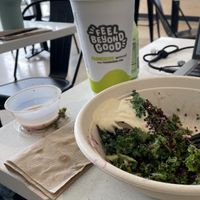 The Dimmer (with boosts) and Greek Hummus salad!!  at Beyond Juicery + Eatery in Copley