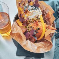 [May 2023] Mideast (vegetarian) - Dolmades aioli, sambal & onion chutney, capers, peperoncini, oxalis. at Pom Friterie in Stockholm